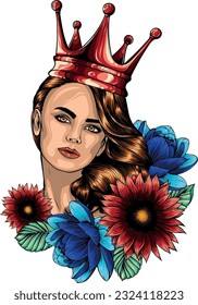 vector illustration of queen head with flower