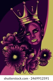 vector illustration of queen head with flower