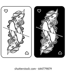 Vector illustration with queen of hearts. Cardinal Queen of Hearts. Girl with a rose and a crown.