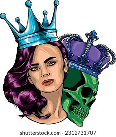 vector illustration of queen with king skull
