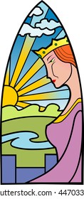 Vector illustration of the queen standing on a fortification. Stained-glass window style.
