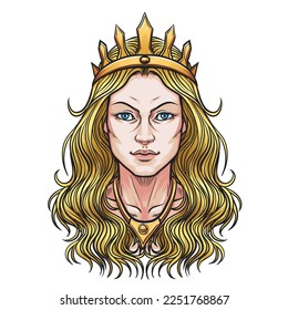 Vector illustration of a queen's face. Isolated on a white background.