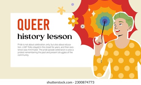 Vector illustration of queer person with rainbow umbrella. Lgbt rainbow. Gay parade, pride month or festival celebration. Pride month web banner, poster template. 