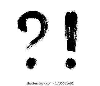 Vector illustration of question mark and exclamation point, isolated on white background. Freehand brush writing, grunge style