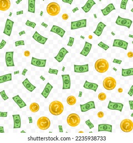 Vector illustration of Question mark money. Random pattern of banknotes and coins in green and gold colors on transparent background (PNG). 