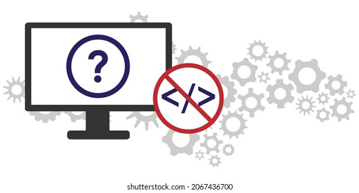 vector illustration with question mark screens and prohibited code symbol for low code platforms