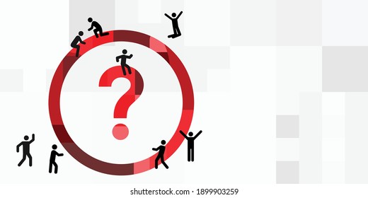 vector illustration of question mark and small people silhouettes interacting with the problem