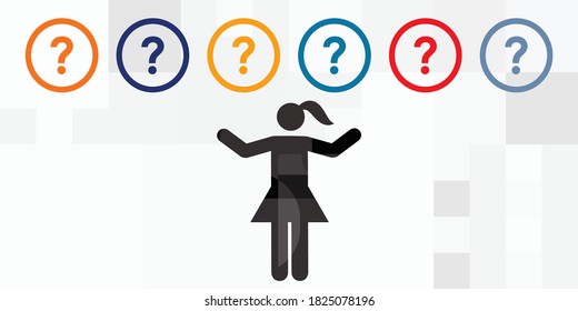 vector illustration of question marks and woman silhouette for challenges and problems forecast 