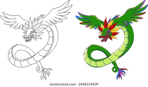 Vector illustration of Quetzalcoatl, both outline and with color