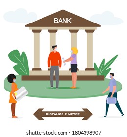 Vector illustration Queue of bank clients in protective masks keeping social distance during epidemic of virus. Social distancing Customers waiting at safe distance New normal. Prevention of infection
