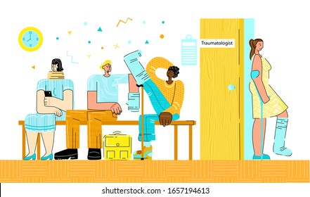 Vektorillustration-Illustrationspatienten mit Frakturen und Gips bei Bürotraumatologen. Konzeption der medizinischen Tätigkeit, Vorteile der elektronischen Aufzeichnung oder Notfallhilfe in der Traumatologie.