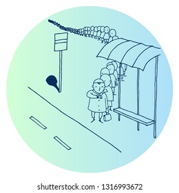 Vector Illustration Of A Queue Of People At The Bus Stop