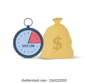Vector illustration of quick loan - clock and money bag. Financial credit, dollars in cartoon sack, purse.