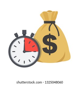 Vector illustration of quick loan - clock and money bag. Financial credit, dollars in cartoon sack, purse. - Vector