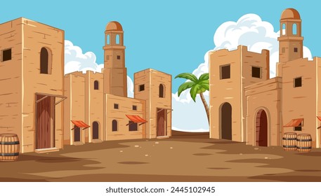 Vector illustration of a quiet desert village scene