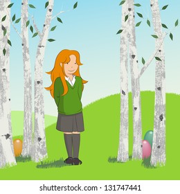 vector illustration of a quiet Easter morning (Easter egg hunt)