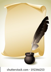 Vector Illustration - Quill Pen With Inkwell And Paper Scroll