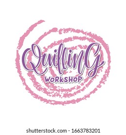 Ilustración vectorial de las letras del taller de tejido para banner, afiche de clase maestra, logotipo, invitación, diseño web o impresión. Texto escrito a mano para niños de escuela de arte o clase extracurricular
