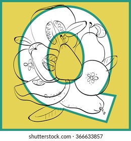 Vector illustration of quince inside of letter Q. Limited colors graphic. Hand drawing.