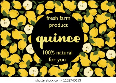 vector illustration of quince and leaf design with lettering quince background black and fruit and text fresh farm product 100% natural for you EPS10