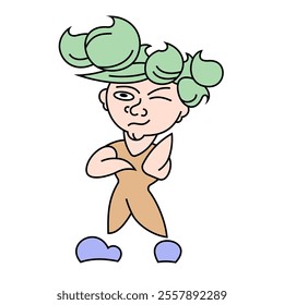 Vector illustration of a quirky cartoon character with green hair, winking, and crossing arms. Perfect for playful designs, children's books, and creative projects.