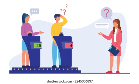 Vector illustration of quiz game. Cartoon scene with a guy and girls who play mind games and the girl will win on white background.