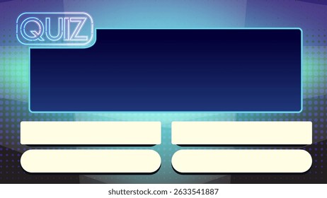 Vector illustration of a quiz game interface with neon accents, featuring a dark blue background and glowing elements