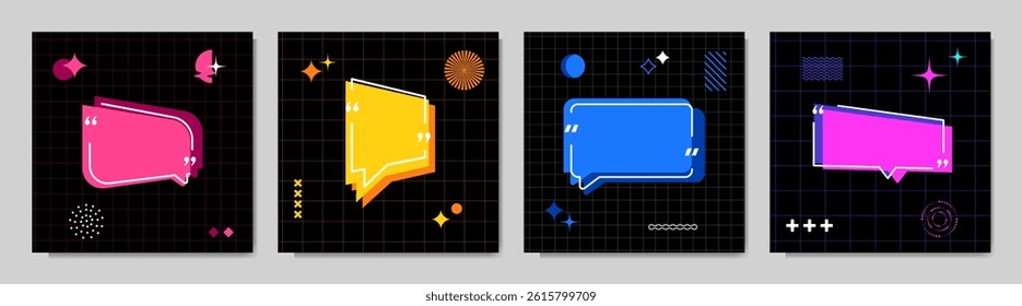 Vector illustration. Quote frames background set. Isolated text box in brackets. Citation empty speech bubbles. Geometric contemporary art borders. Design for social media template, blog post, banner