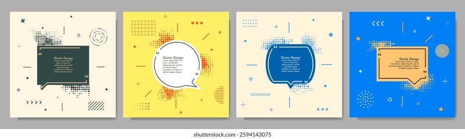 Vector illustration. Quote frames blank templates set. Text in brackets. Banners collection. Memphis pattern and geometry elements. Design elements for social media template, web banner, background