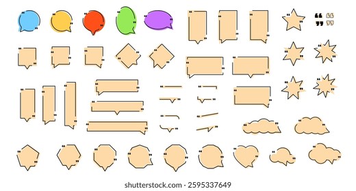 Vector illustration. Quote frames blank template set. Isolated text box in brackets. Citation empty speech bubbles. Color doodle hand drawn borders. Design for web banner, poster, ad, social media