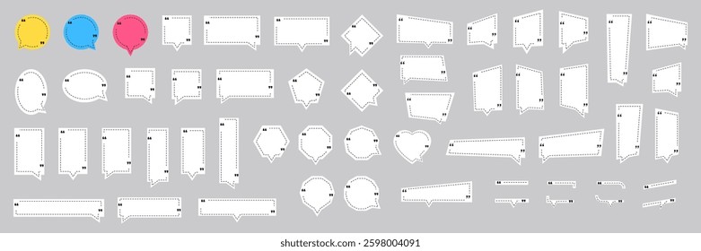 Vector illustration. Quote frames blank template set. Isolated text box in brackets. Citation empty speech bubbles. Geometric dashed linear borders. Design for web banner, poster, ad, social media