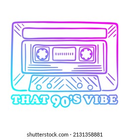 Vector illustration of quote That 90s Vibe and vintage audio cassette tape isolated on white background. 90s Nostalgia, style and feel of the decade, depict technology from the 90s.