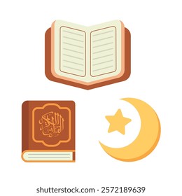 Vector Illustration Quran, Open Book, and Crescent Moon with Star for Ramadan and Eid Designs. Vector illustration of Islamic holy book Quran with star and crescent.