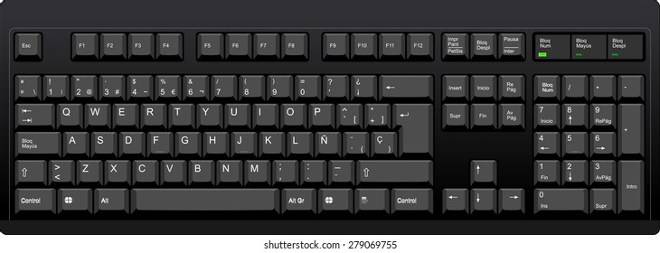 Vector illustration of a QWERTY SP layout spanish computer keyboard. All sections are well organized and sorted for designers convenience.