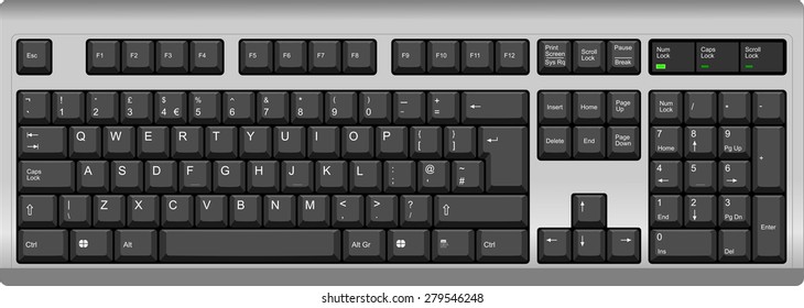 Vector illustration of a QWERTY UK English layout computer keyboard. All sections are well organized and sorted for designer convenience. Silver and black color.