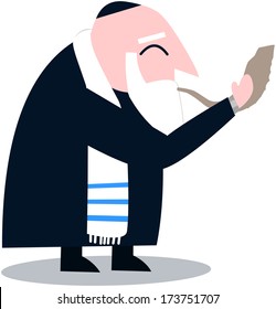 Vector illustration of a Rabbi with Talit blows the shofar the Jewish holiday Yom Kippur. 