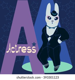Vector illustration of rabbit actress wearing smocking and bra underneath. Letter A and pink stars on the background.Good for textile printing, post cards, for educational goals (abc-books)
