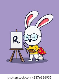 vector illustration of a rabbit animal, a painter wearing glasses is painting. plants surrounding animals icon concept