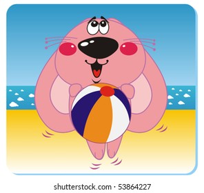 vector illustration of rabbit with the ball on the beach