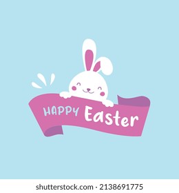 Vector illustration of rabbit with banner written Happy Easter. Celebratory theme design for card, invitation, flyer, banner.