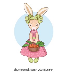 Ilustración vectorial de un conejo con una cesta de zanahorias