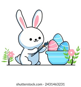 Vector illustration of a rabbit or bunny coloring Easter eggs in a cartoon and flat style isolated on white background