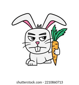 Vector illustration rabbit and carrot  Angry cunning rabbit  Cartoon vector white background
