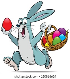 A a vector illustration of rabbit carrying a basket full of eggs.