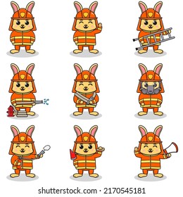 Vector Illustration of Rabbit cartoon with Firefighter costume. Set of cute Rabbit characters. Collection of funny Rabbit isolated on a white background.