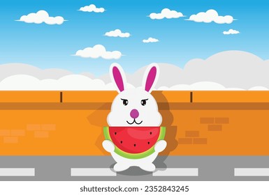 vector illustration of a rabbit character eating watermelon.