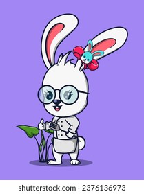 vector illustration of a rabbit chef in glasses holding a spatula. animal profession icon concept