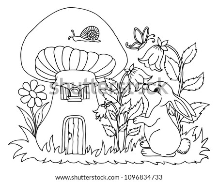 Vector illustration. Rabbit in the clearing near the mushroom sniffs flowers bells. Coloring book. Anti Stress for adults and children. The work was done manually. Black and white.