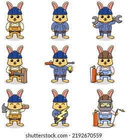 Vector illustration of Rabbit Construction, builder, electrician, welder and handymen cartoon. Cute Rabbit engineers workers, builders characters isolated cartoon illustration.