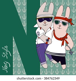 vector illustration of rabbit couple  dressed in a nautical style. Letter N (navy style) as a background. good for textile printing etc.